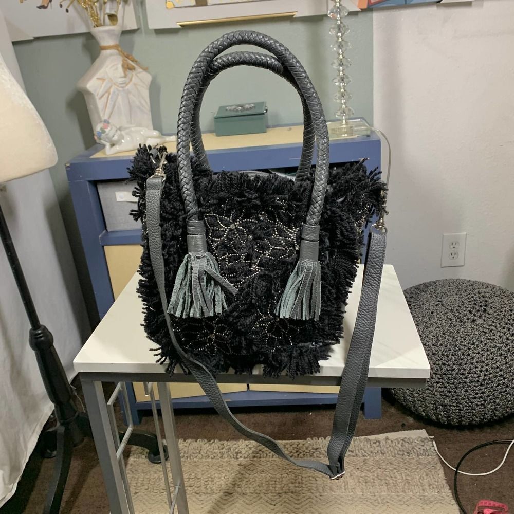 IBBAN handmade boho Wool leather crossbody bag gray black - Picture 4 of 10